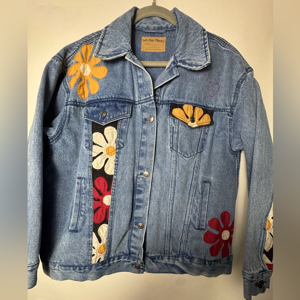 We The Free Oversized Blue Jean Jacket with Red White and Yellow Floral Accents